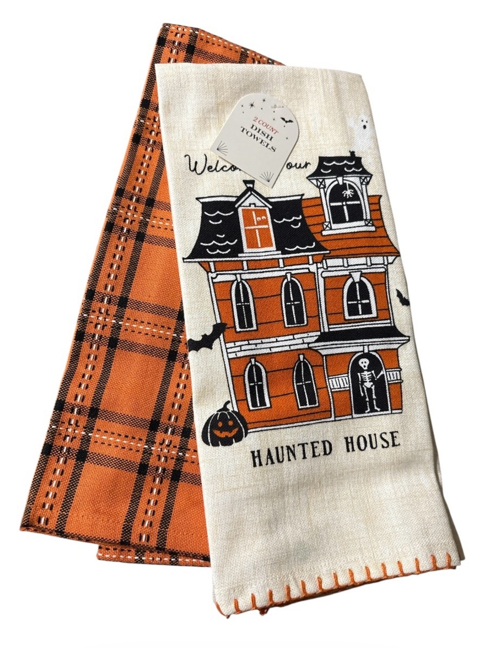 Halloween Haunted House Cotton Kitchen Towels - Orange & Cream